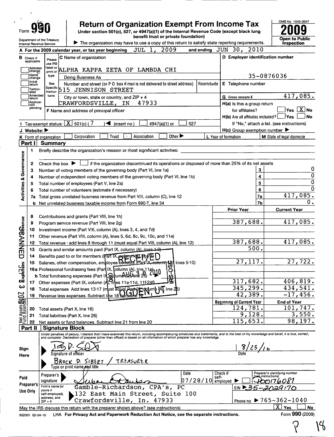 Image of first page of 2009 Form 990O for Lambda Chi Alpha Fraternity - Alpha Kappa Zeta