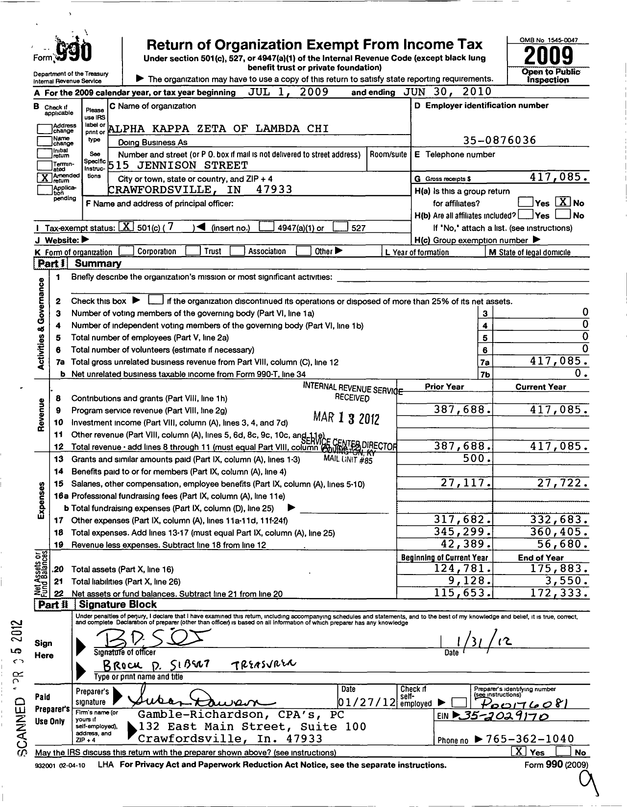 Image of first page of 2009 Form 990O for Lambda Chi Alpha Fraternity - Alpha Kappa Zeta