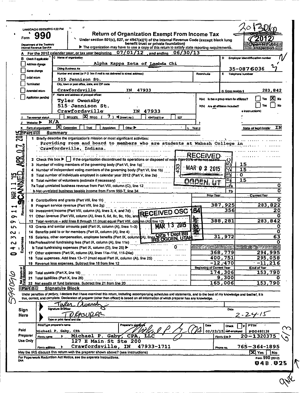 Image of first page of 2012 Form 990O for Lambda Chi Alpha Fraternity - Alpha Kappa Zeta