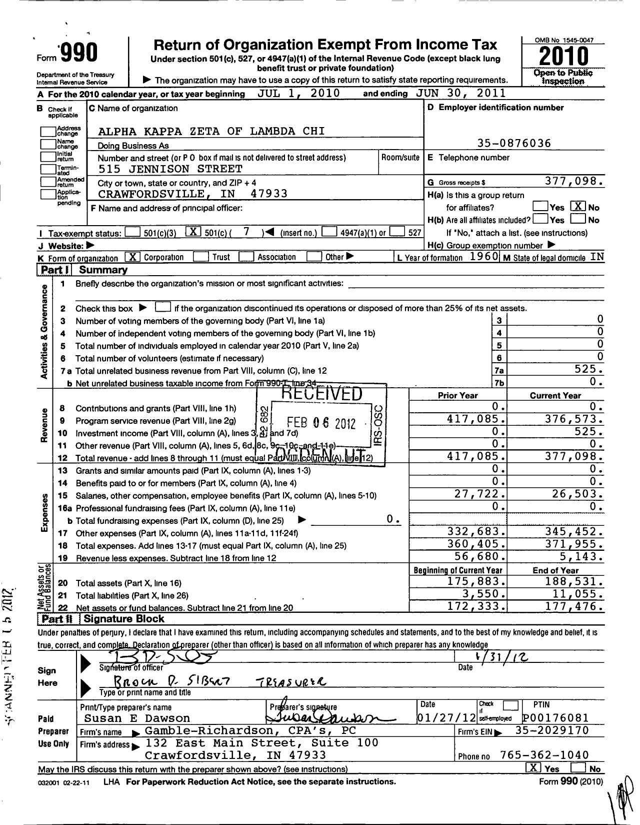 Image of first page of 2010 Form 990O for Lambda Chi Alpha Fraternity - Alpha Kappa Zeta