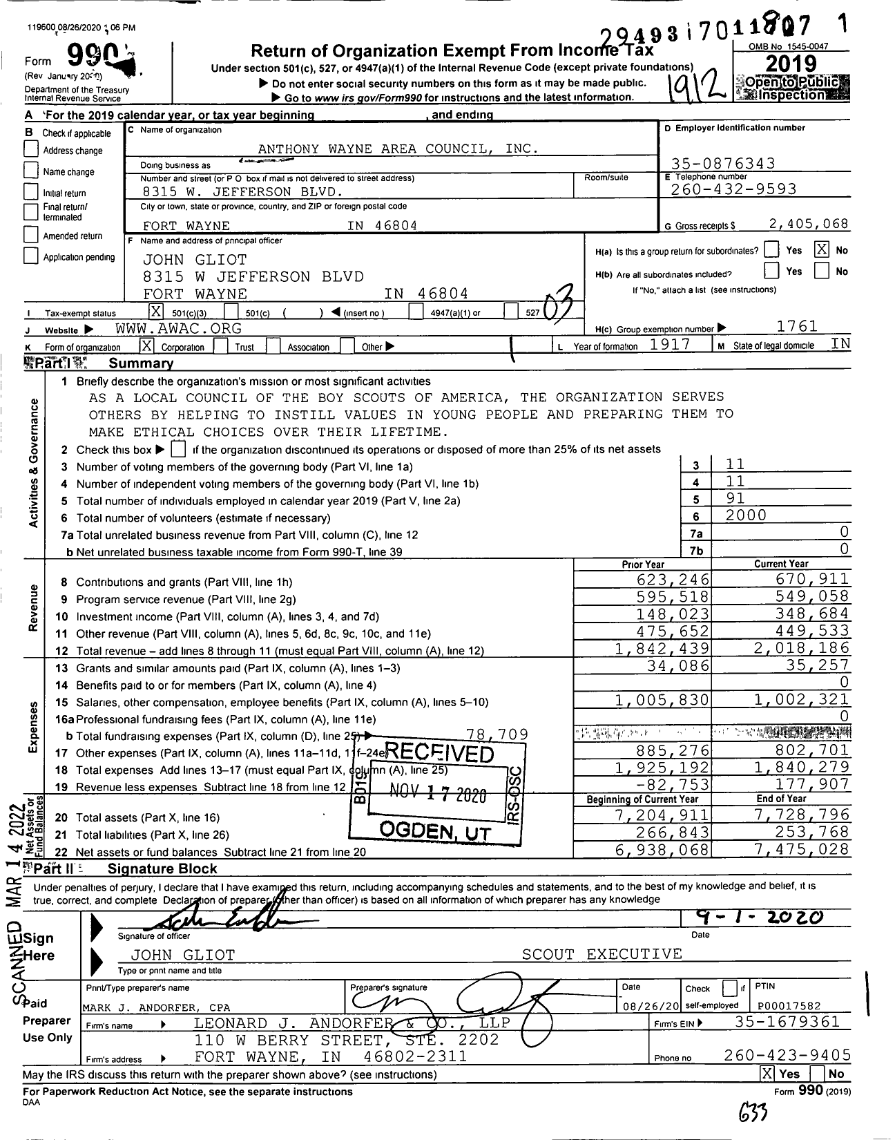 Image of first page of 2019 Form 990 for Boy Scouts of America - 157 Anthony Wayne Area Council