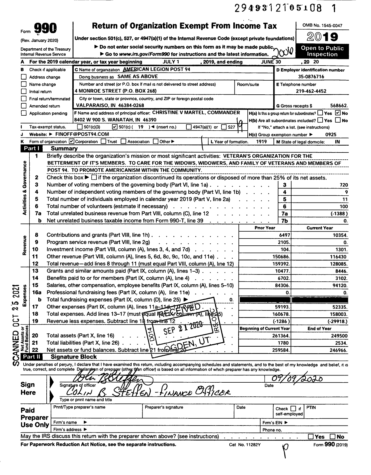 Image of first page of 2019 Form 990O for American Legion Post 94