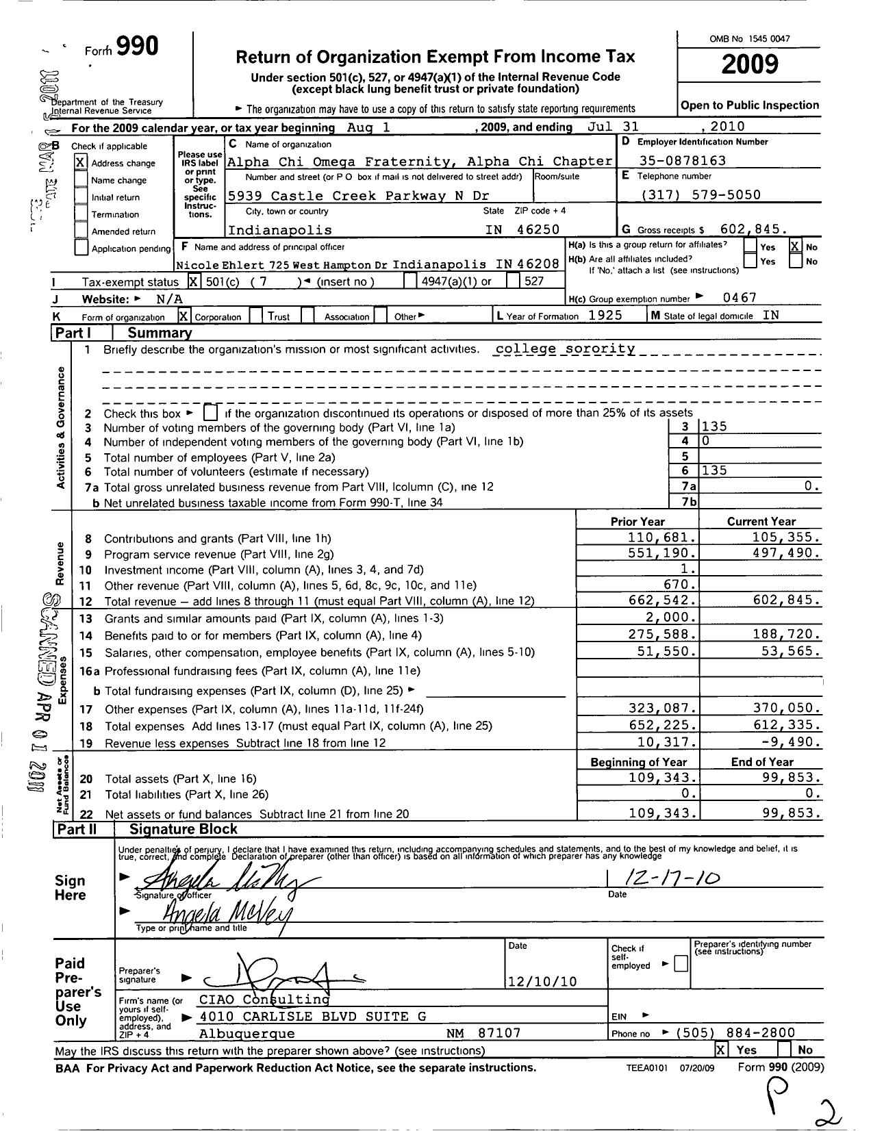 Image of first page of 2009 Form 990O for Alpha Chi Omega Fraternity