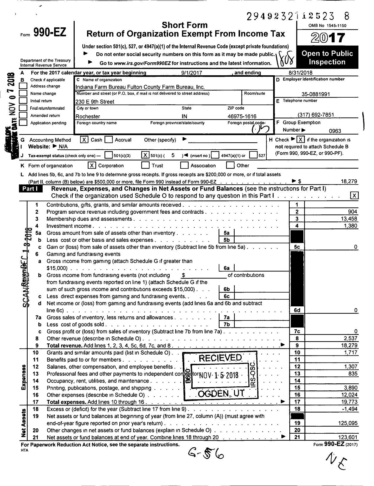 Image of first page of 2017 Form 990EO for Indiana Farm Bureau Fulton County Farm Bureau