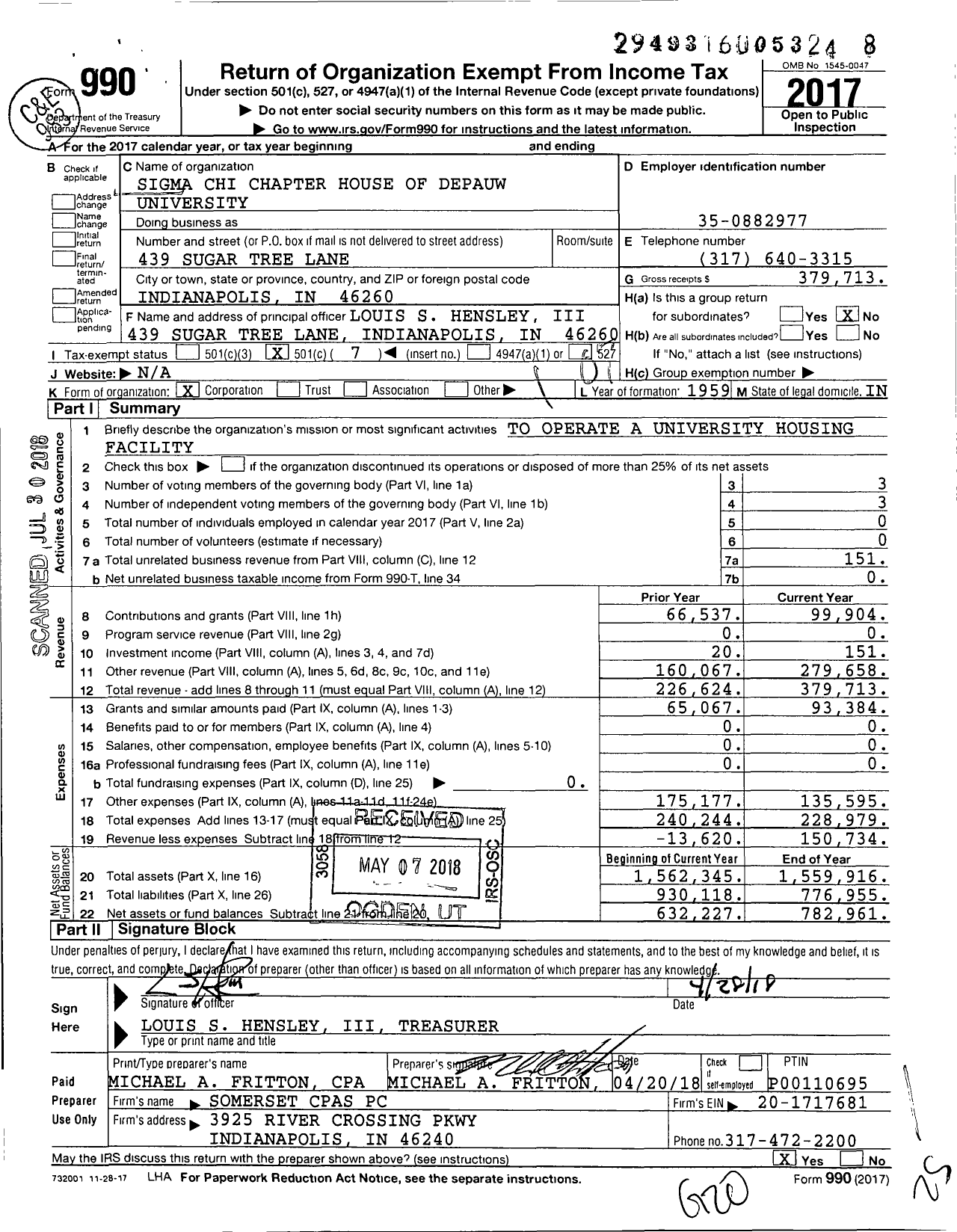 Image of first page of 2017 Form 990O for Sigma Chi Chapter House of Depauw University