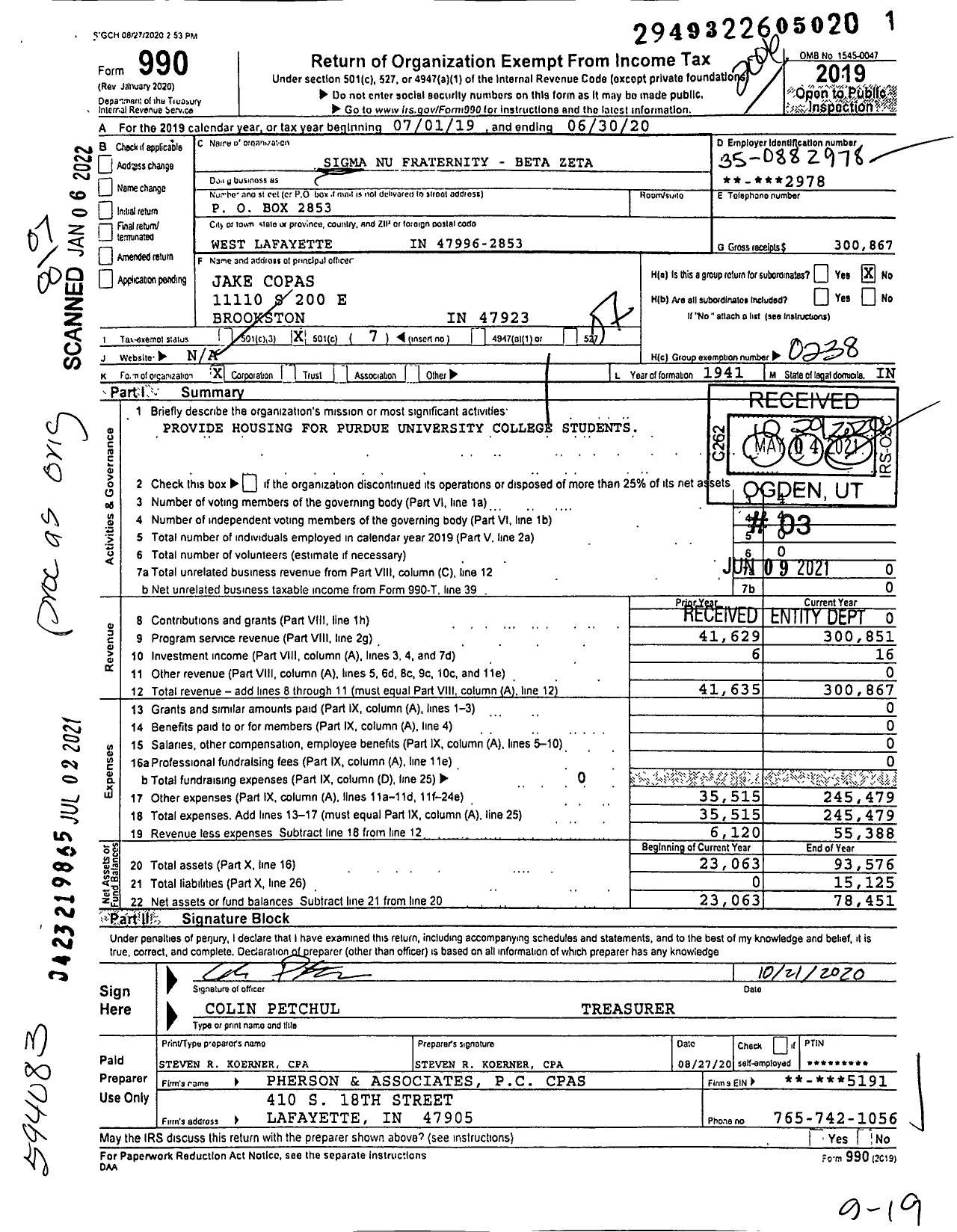 Image of first page of 2019 Form 990O for Sigma Nu Fraternity - Beta Zeta