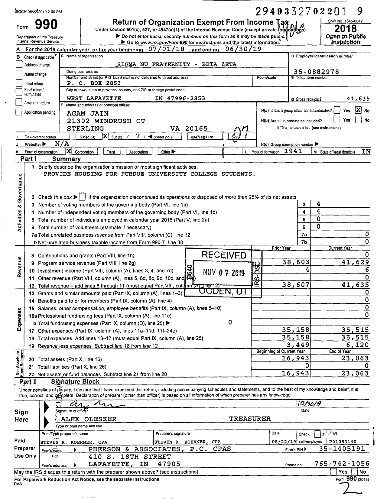 Image of first page of 2018 Form 990O for Sigma Nu Fraternity - Beta Zeta