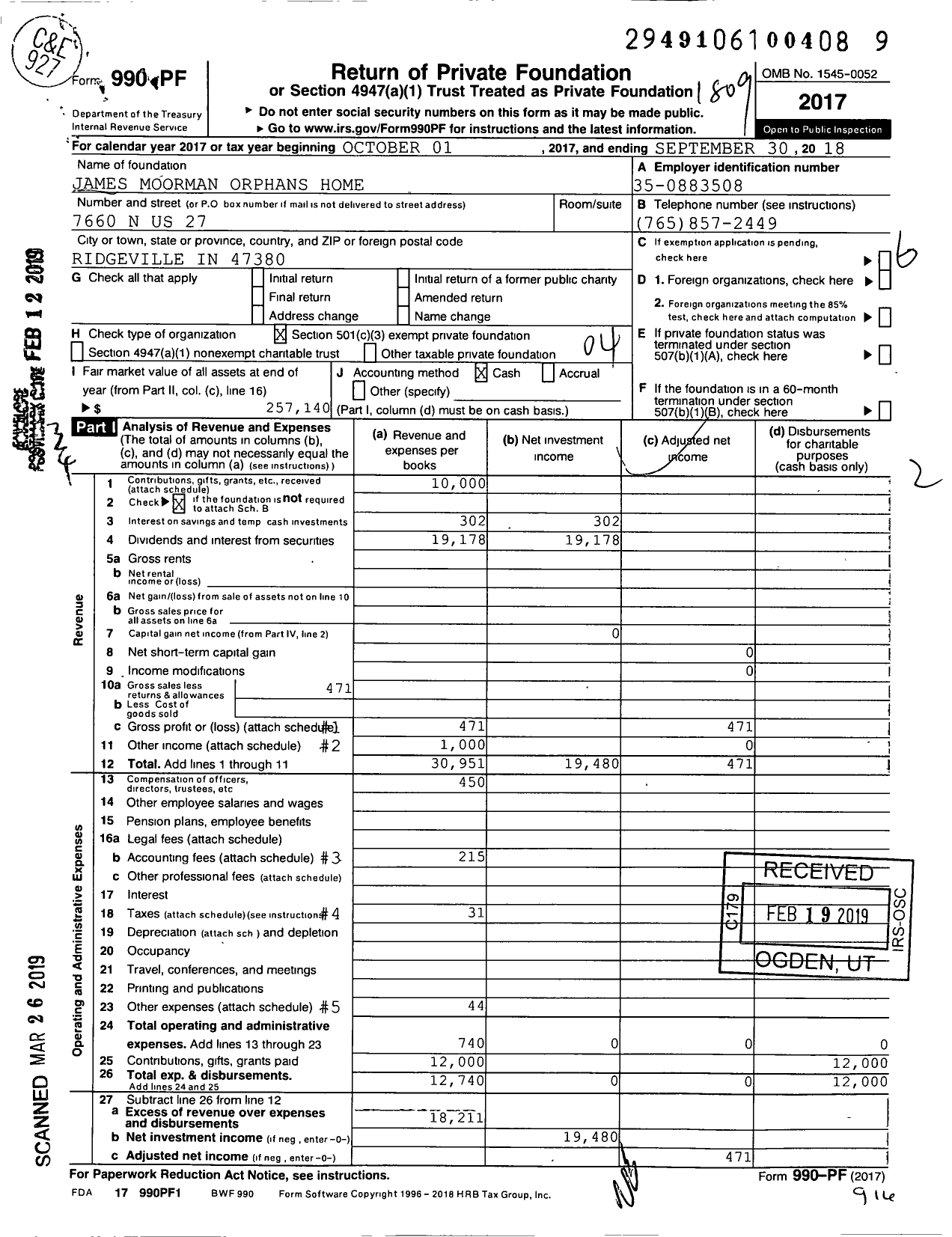 Image of first page of 2017 Form 990PF for James Moorman Orphans Home