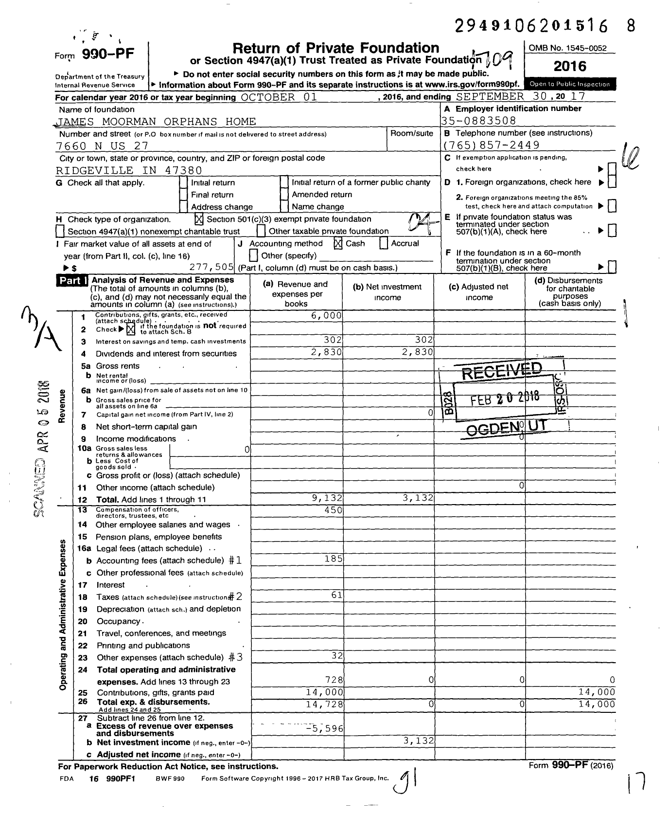 Image of first page of 2016 Form 990PF for James Moorman Orphans Home