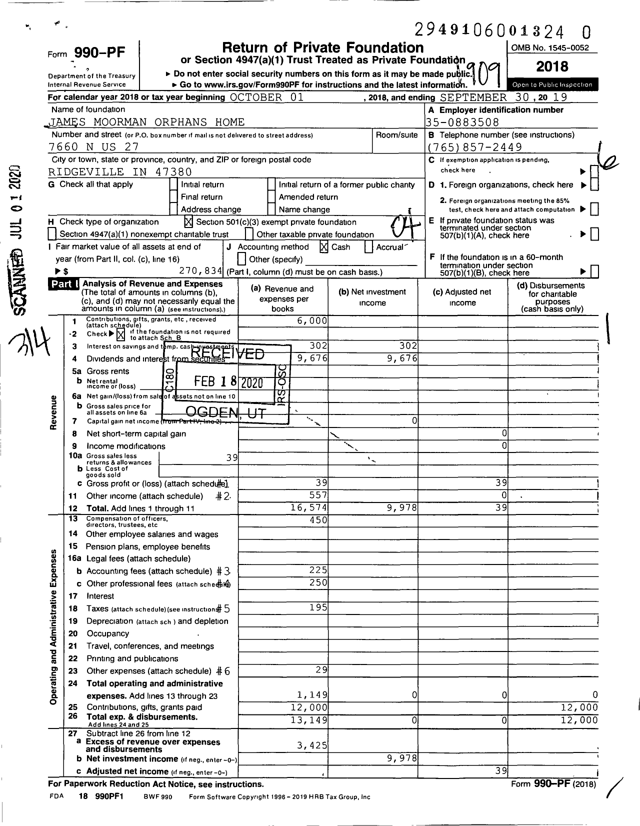 Image of first page of 2018 Form 990PR for James Moorman Orphans Home