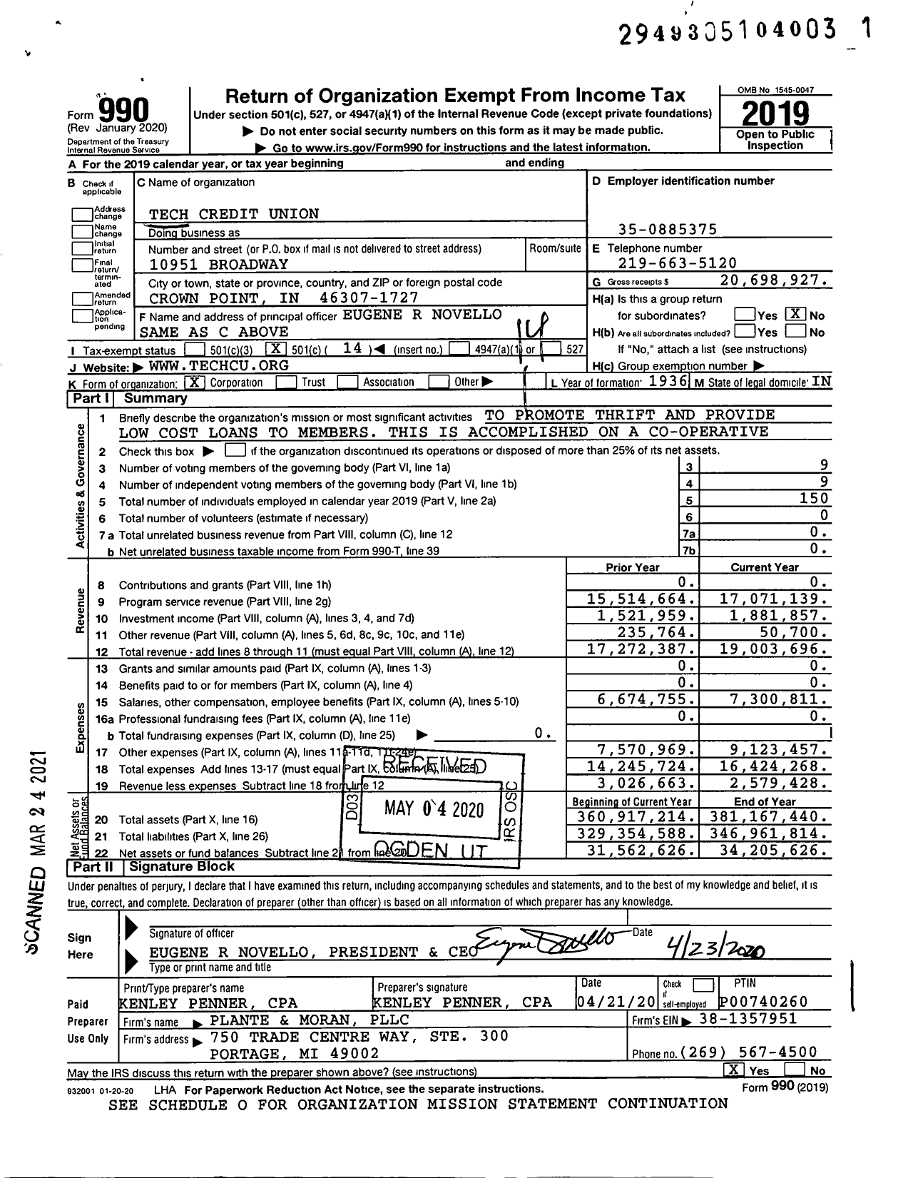 Image of first page of 2019 Form 990O for Tech Credit Union