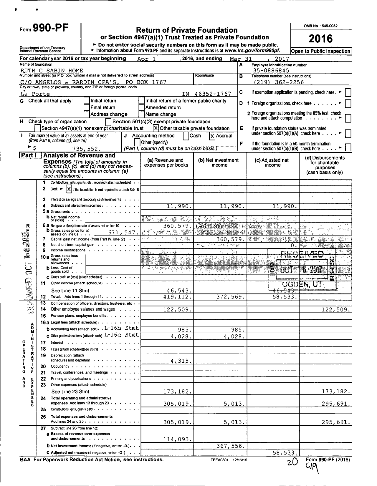 Image of first page of 2016 Form 990PF for Ruth C Sabin Home