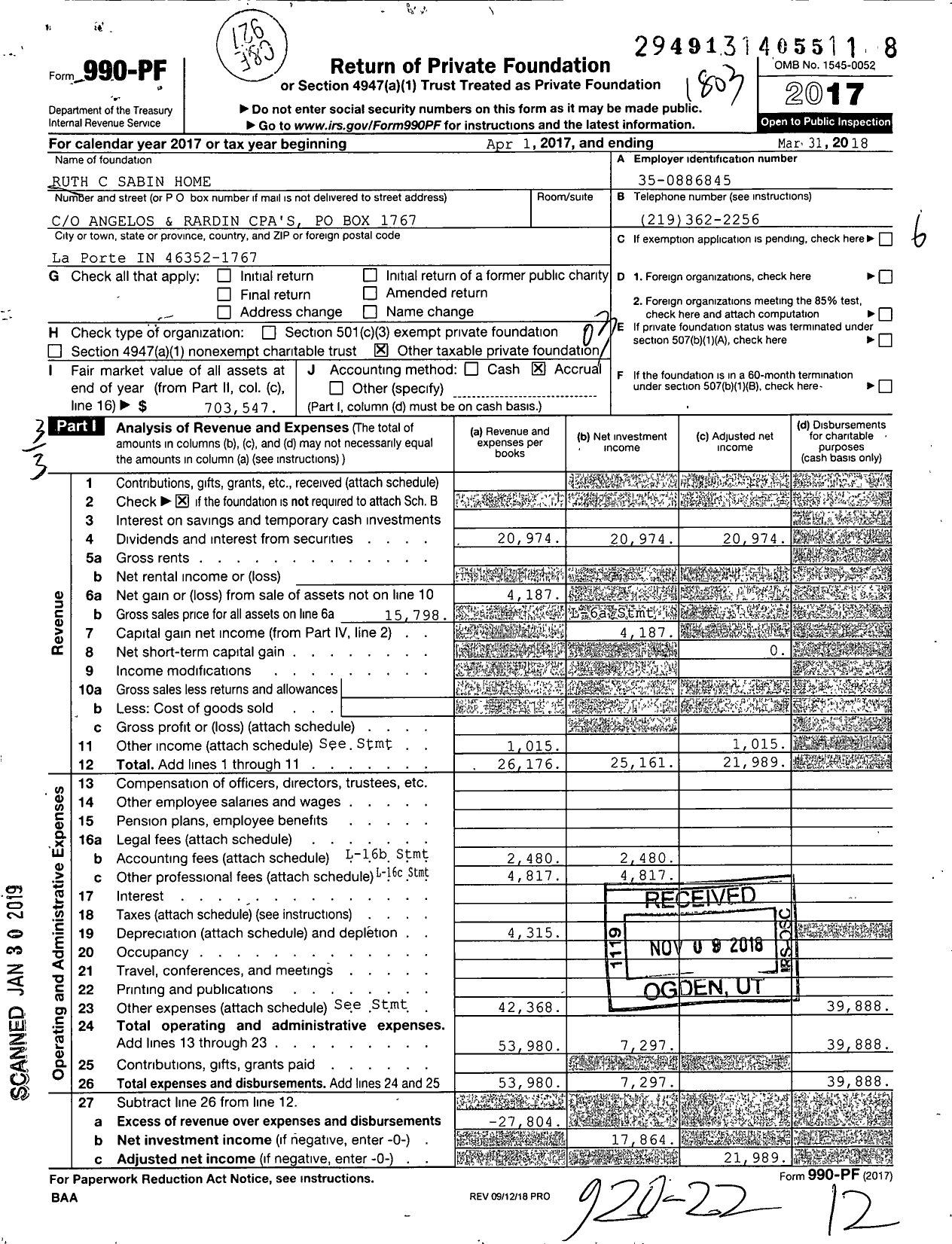 Image of first page of 2017 Form 990PF for Ruth C Sabin Home