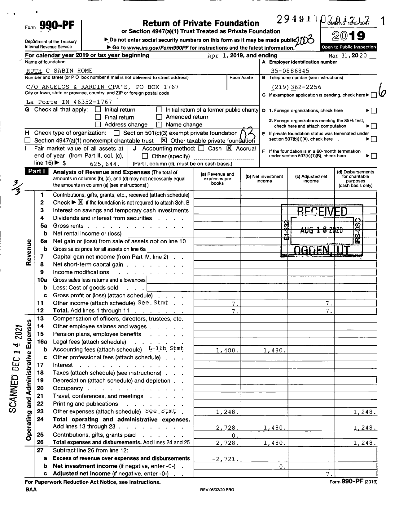 Image of first page of 2019 Form 990PF for Ruth C Sabin Home