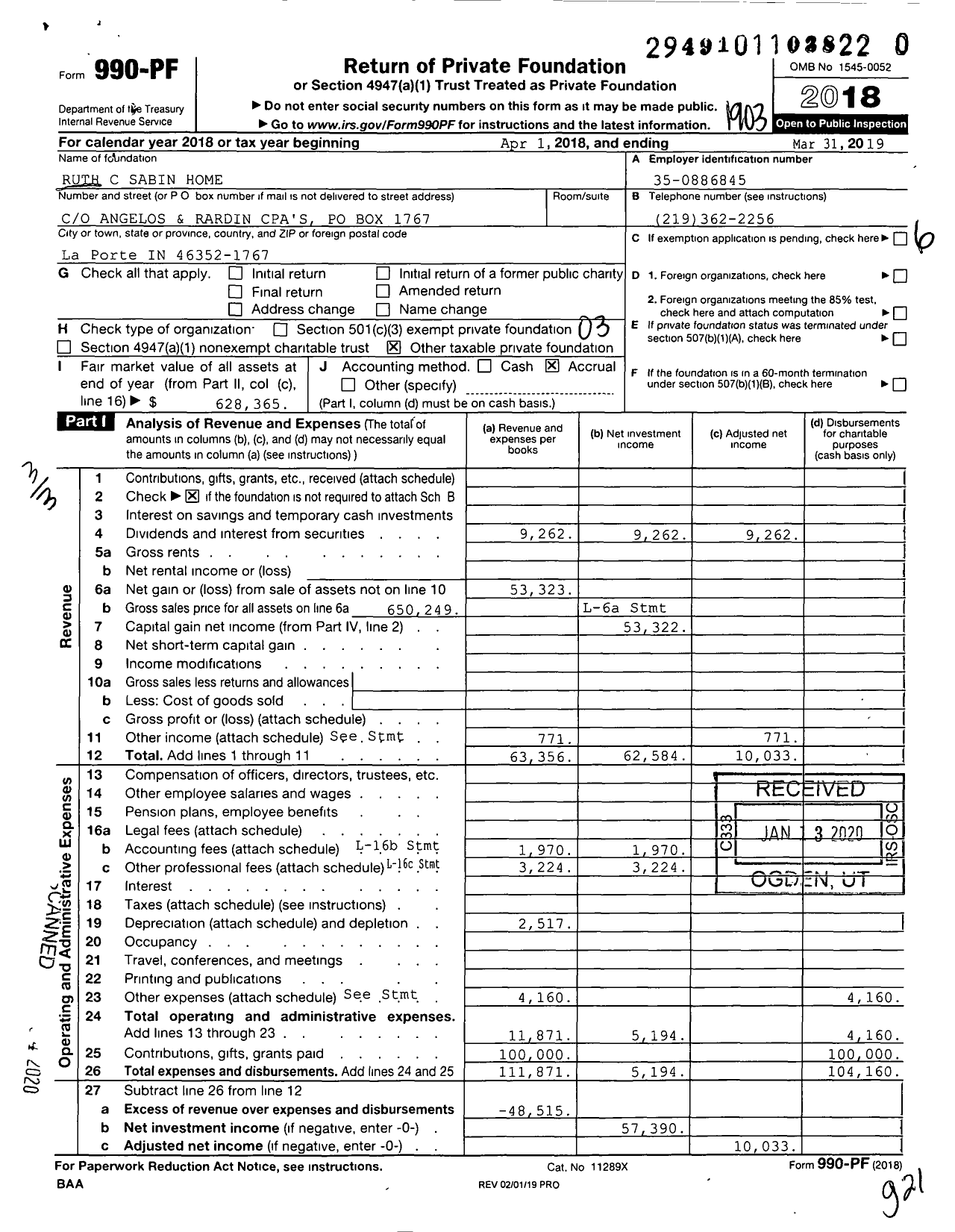 Image of first page of 2018 Form 990PR for Ruth C Sabin Home