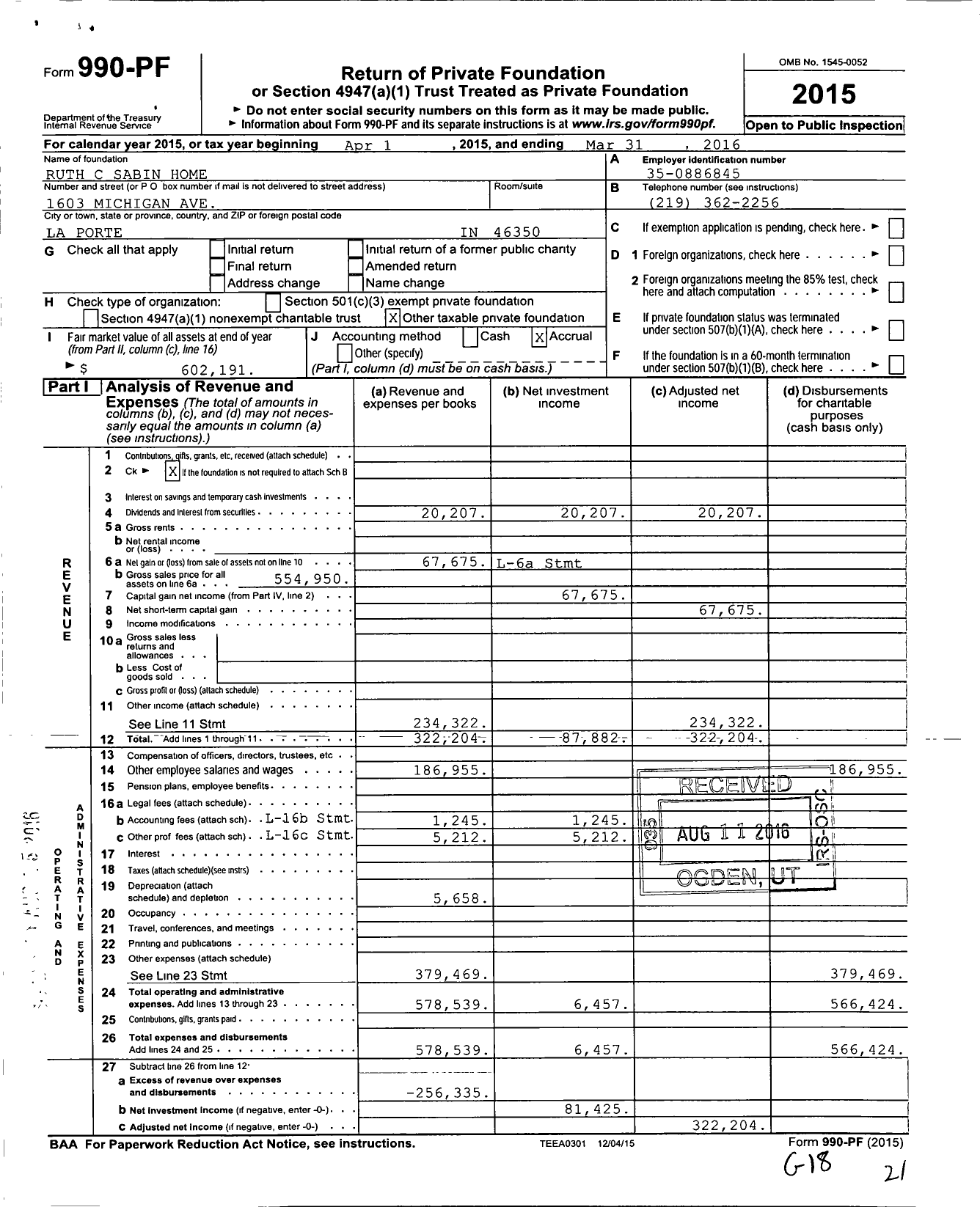 Image of first page of 2015 Form 990PF for Ruth C Sabin Home