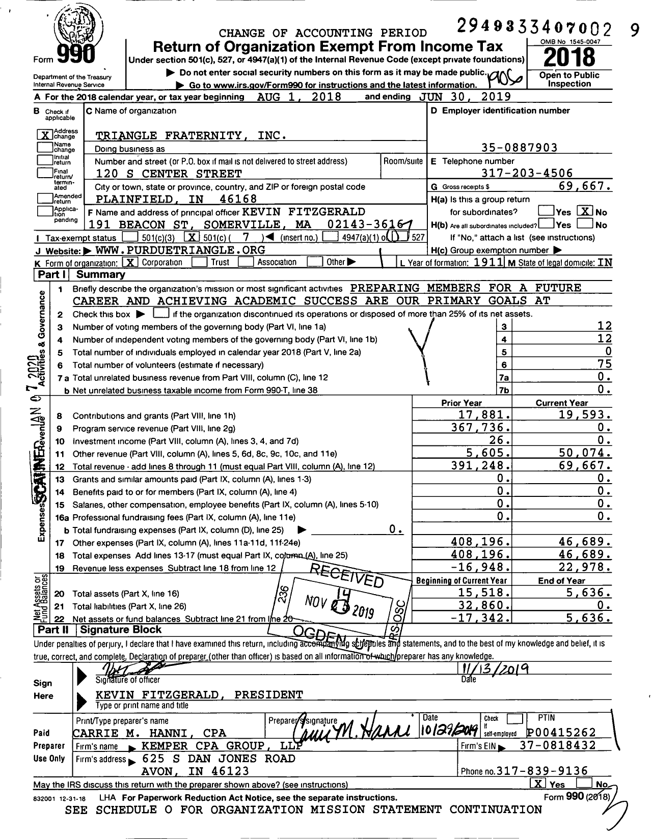 Image of first page of 2018 Form 990O for Triangle Fraternity / Purdue Chapter Undergraduate