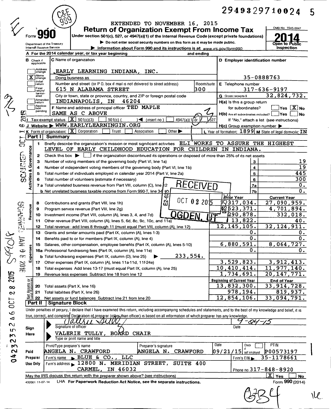 Image of first page of 2014 Form 990 for Early Learning Indiana (ELI)