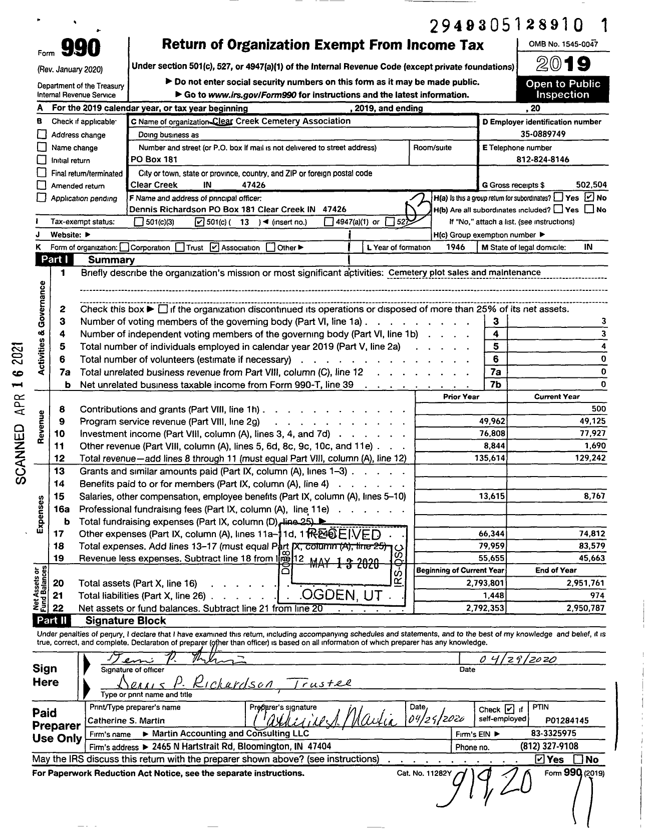 Image of first page of 2019 Form 990 for Clear Creek Cemetery Association