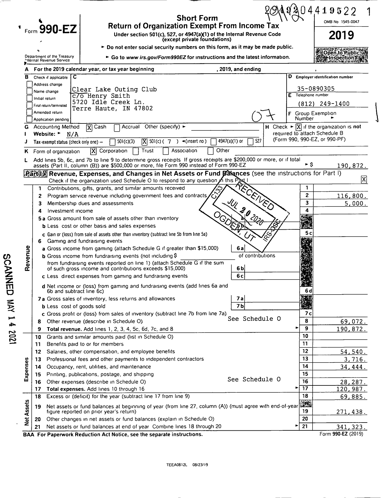 Image of first page of 2019 Form 990EO for Clear Lake Outing Club