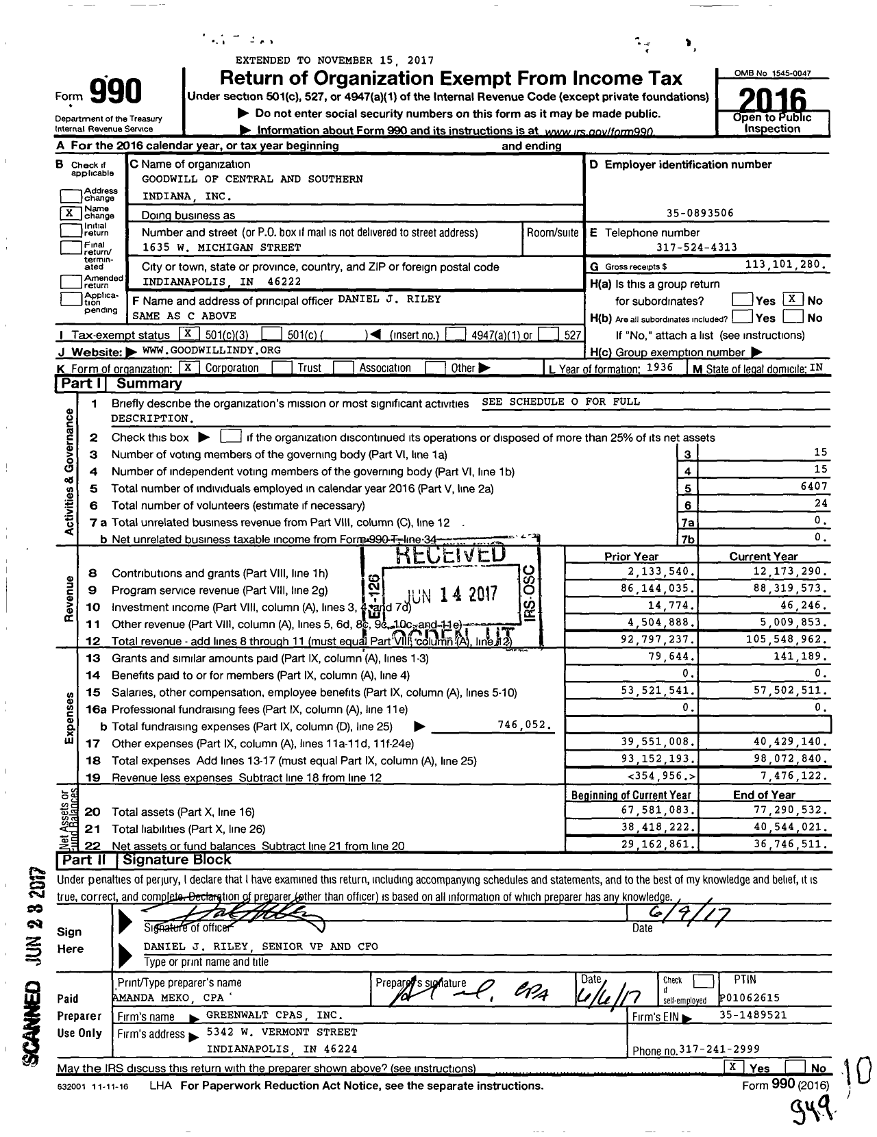 Image of first page of 2016 Form 990 for Goodwill of Central and Southern Indiana