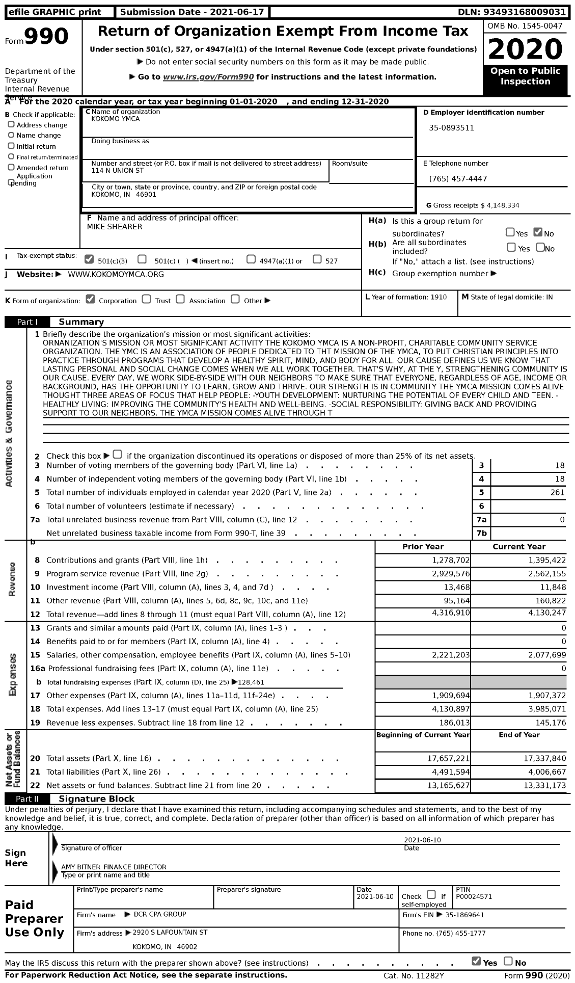 Image of first page of 2020 Form 990 for Kokomo Ymca