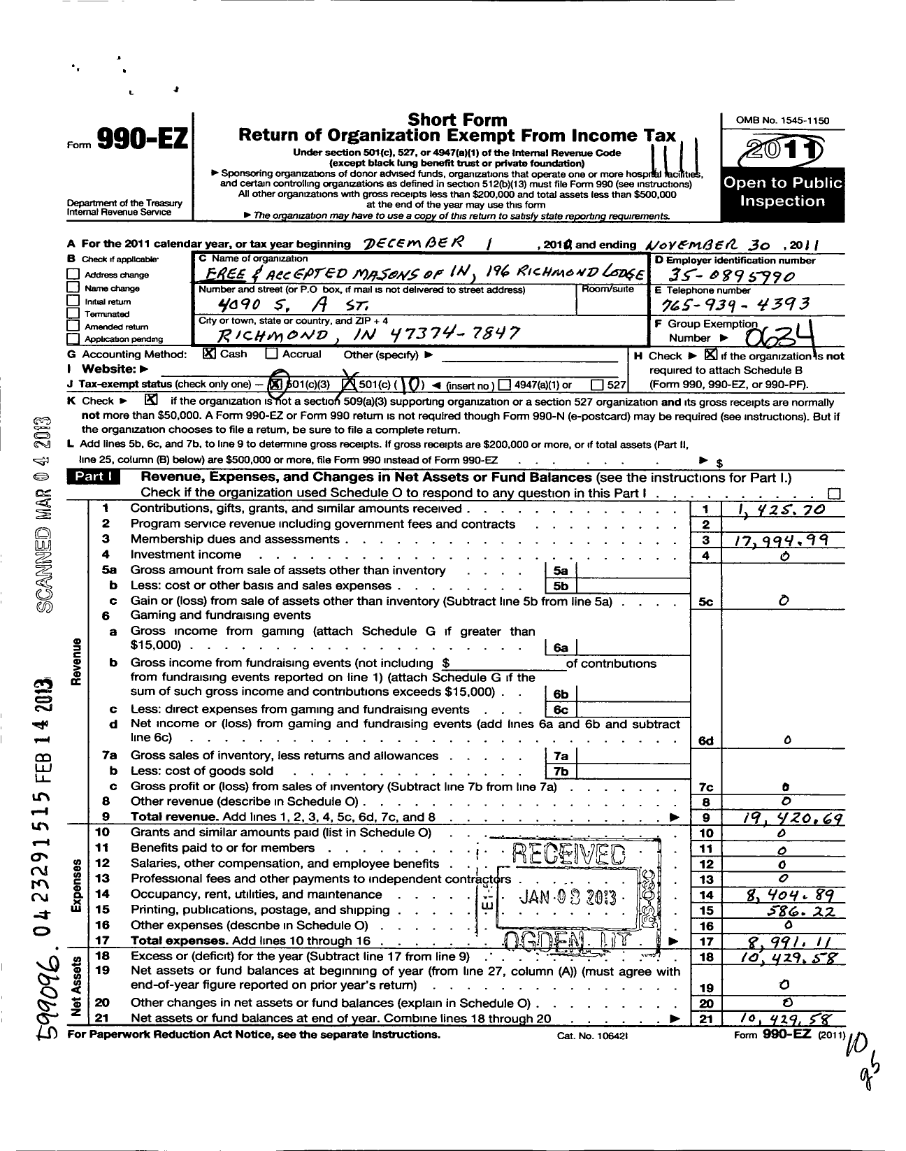 Image of first page of 2010 Form 990EO for Free & Accepted Masons of Indiana - 196 Richmond Lodge