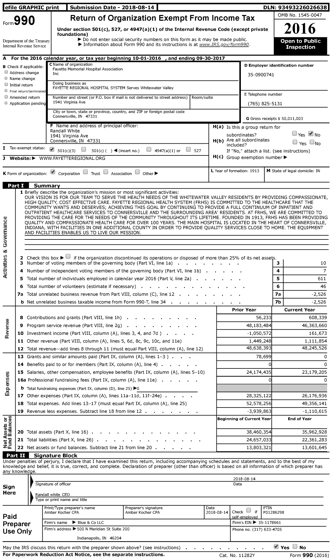 Image of first page of 2016 Form 990 for Fayette Memorial Hospital Association