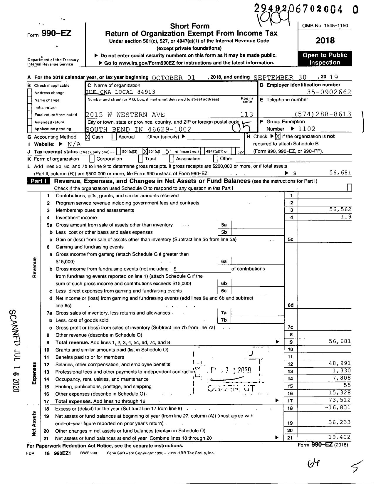 Image of first page of 2018 Form 990EO for Communications Workers of America - 84913 Local