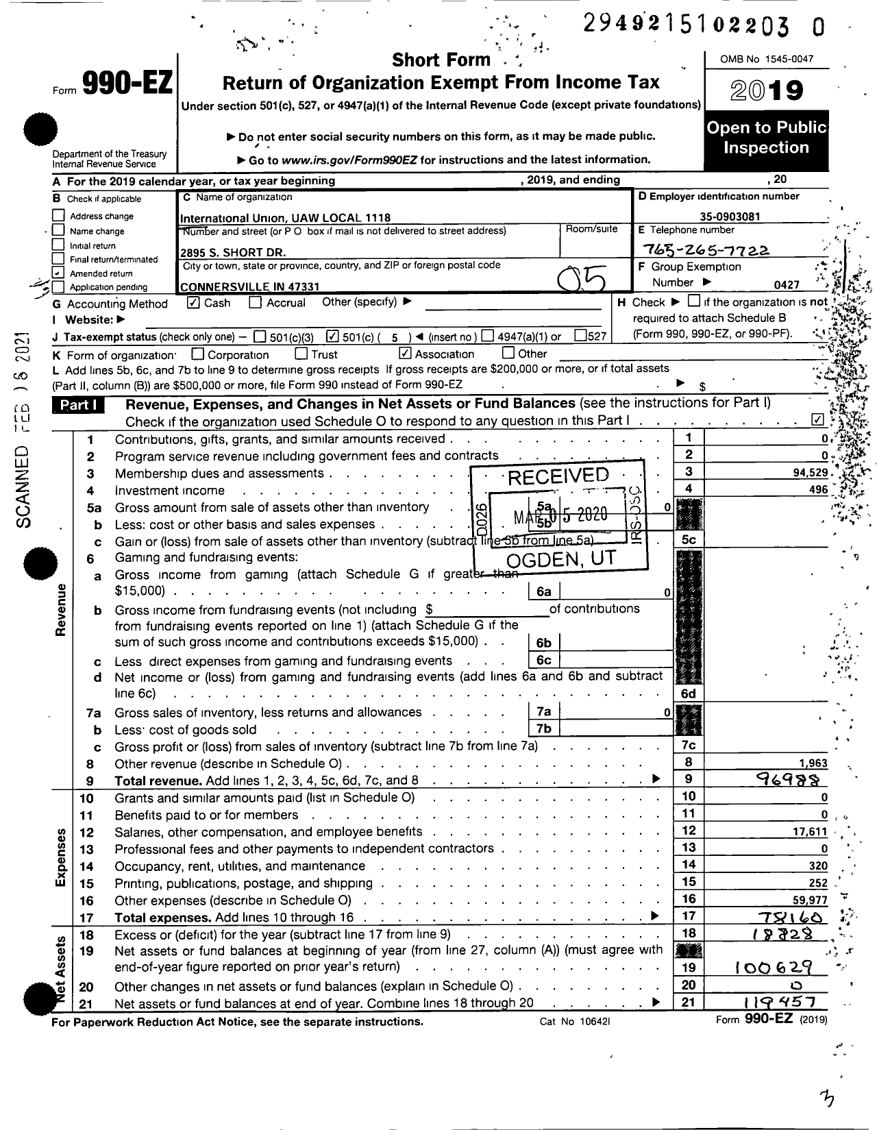 Image of first page of 2019 Form 990EO for UAW - International Union UAW Local 1118