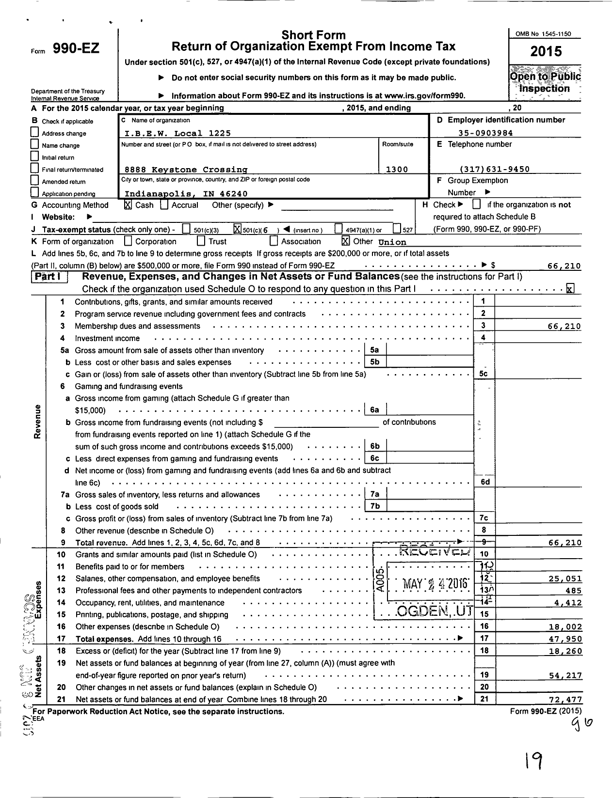 Image of first page of 2015 Form 990EO for International Brotherhood of Electrical Workers - 1225 Local Union