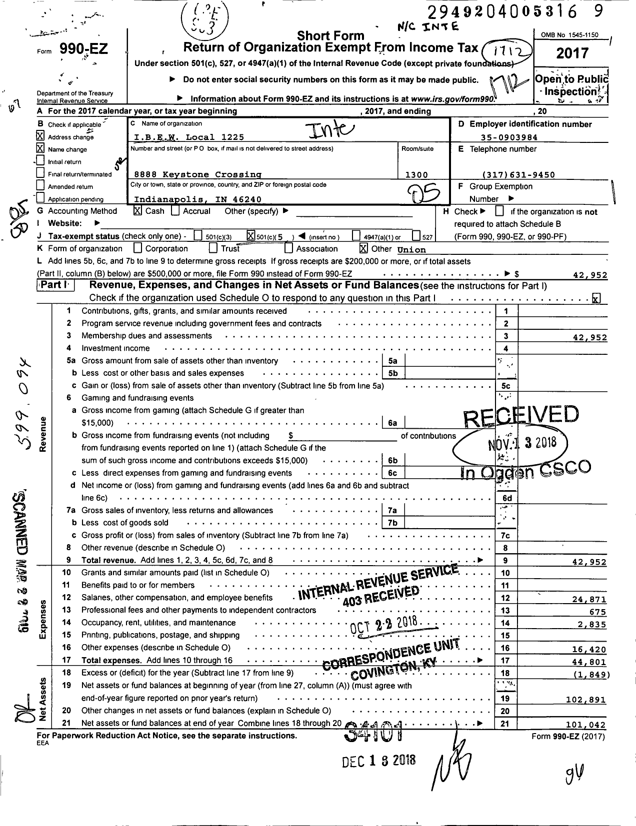 Image of first page of 2017 Form 990EO for International Brotherhood of Electrical Workers - 1225 Local Union