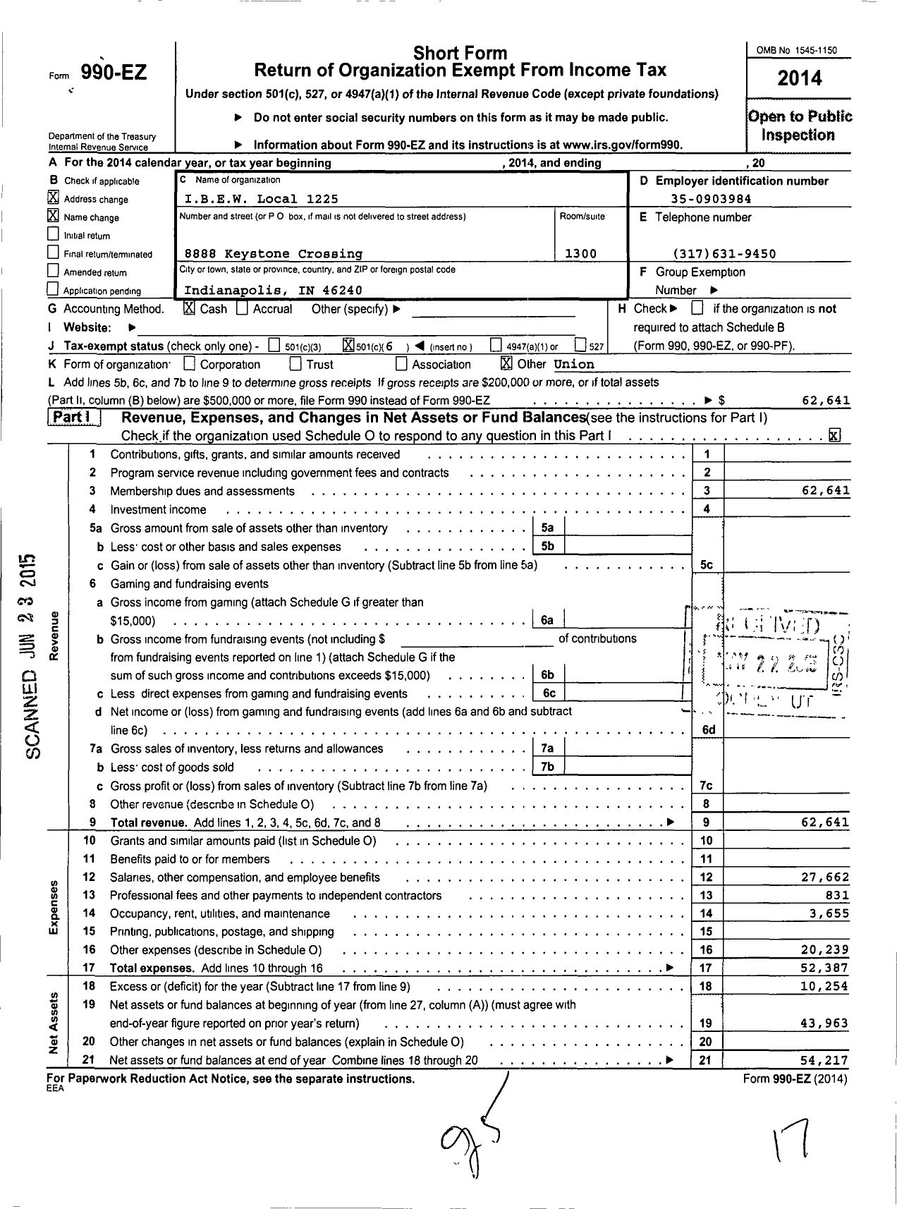 Image of first page of 2014 Form 990EO for International Brotherhood of Electrical Workers - 1225 Local Union