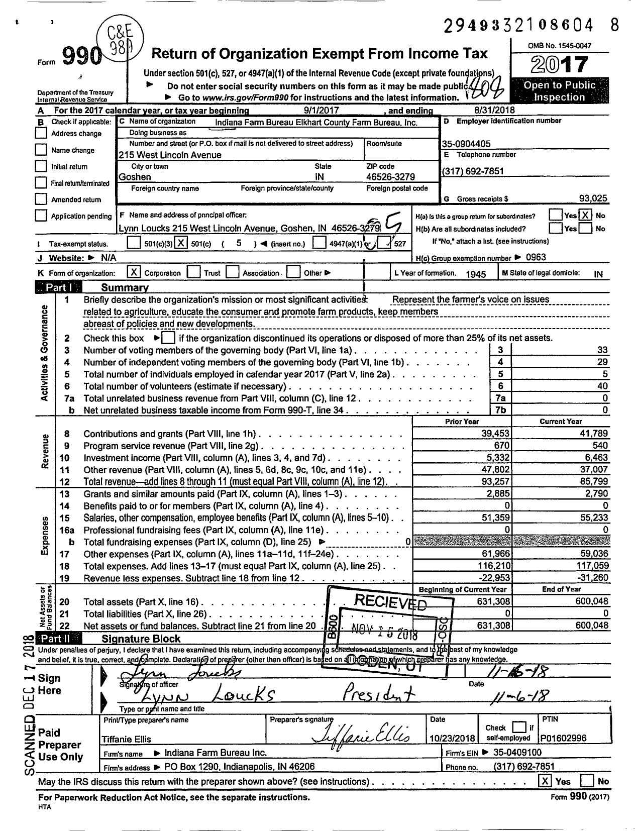 Image of first page of 2017 Form 990O for Indiana Farm Bureau Elkhart County Farm Bureau