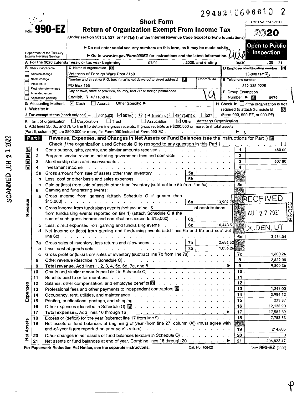 Image of first page of 2020 Form 990EO for VFW Department of Indiana - 6160 VFW Post