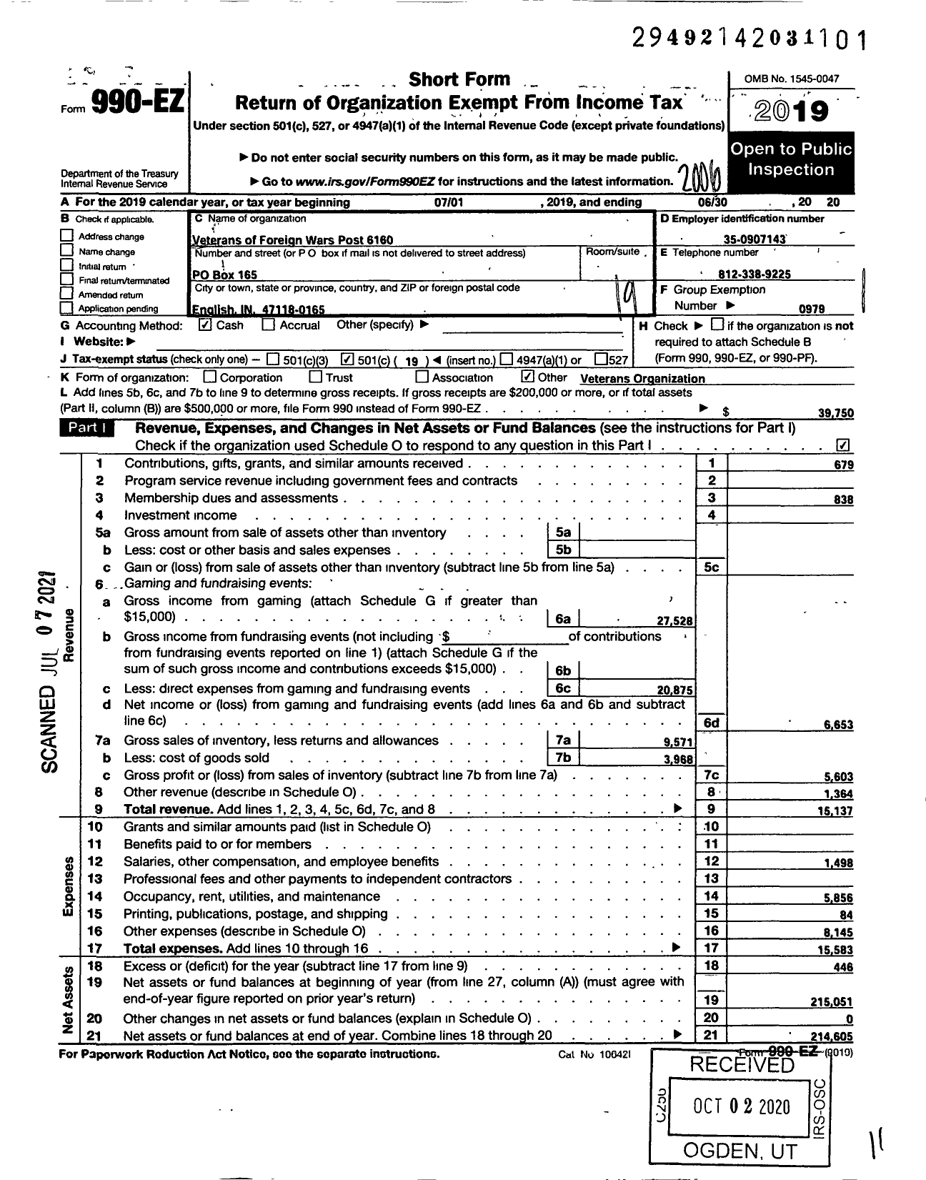 Image of first page of 2019 Form 990EO for VFW Department of Indiana - 6160 VFW Post