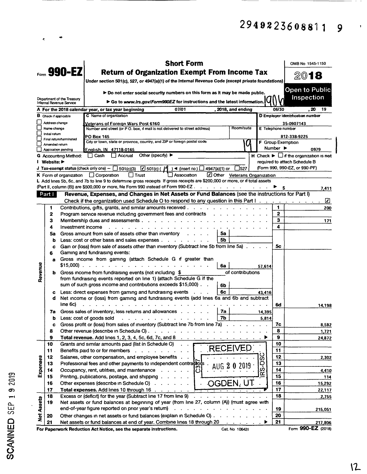 Image of first page of 2018 Form 990EO for VFW Department of Indiana - 6160 VFW Post