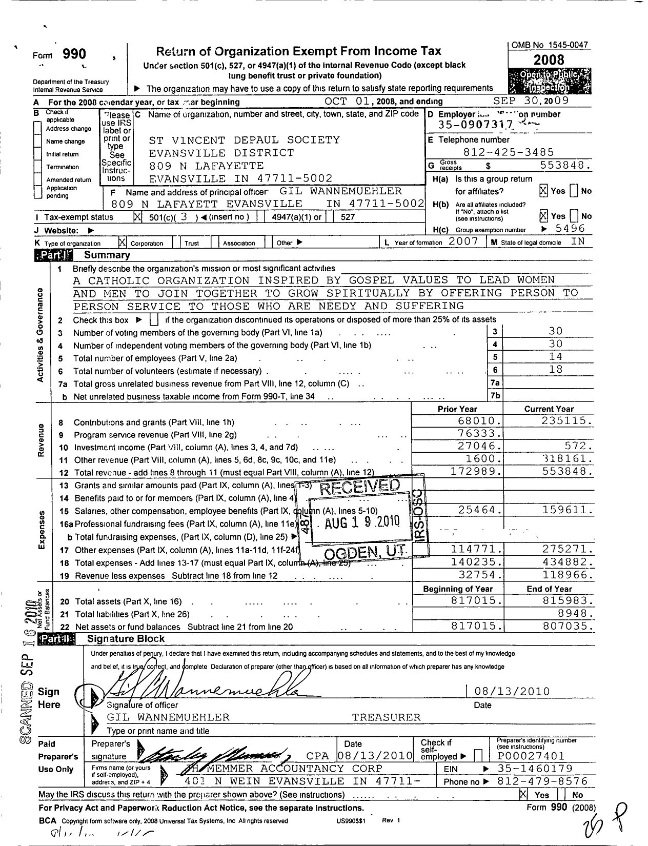 Image of first page of 2008 Form 990 for St Vincent Depaul Society