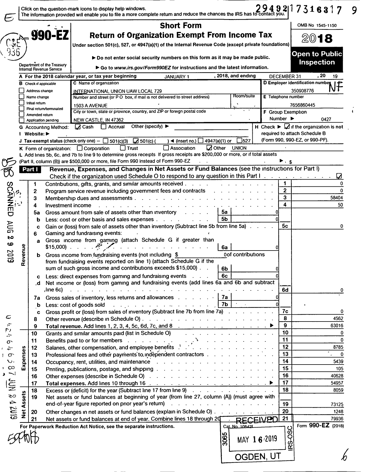 Image of first page of 2019 Form 990EO for UAW - International Union UAW Local 729