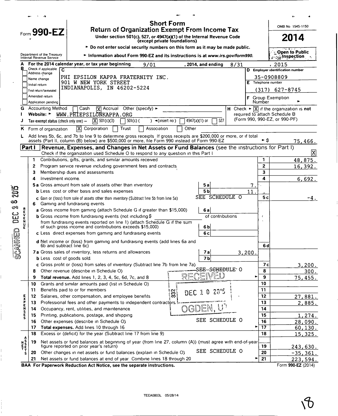 Image of first page of 2014 Form 990EZ for Phi Epsilon Kappa Fraternity