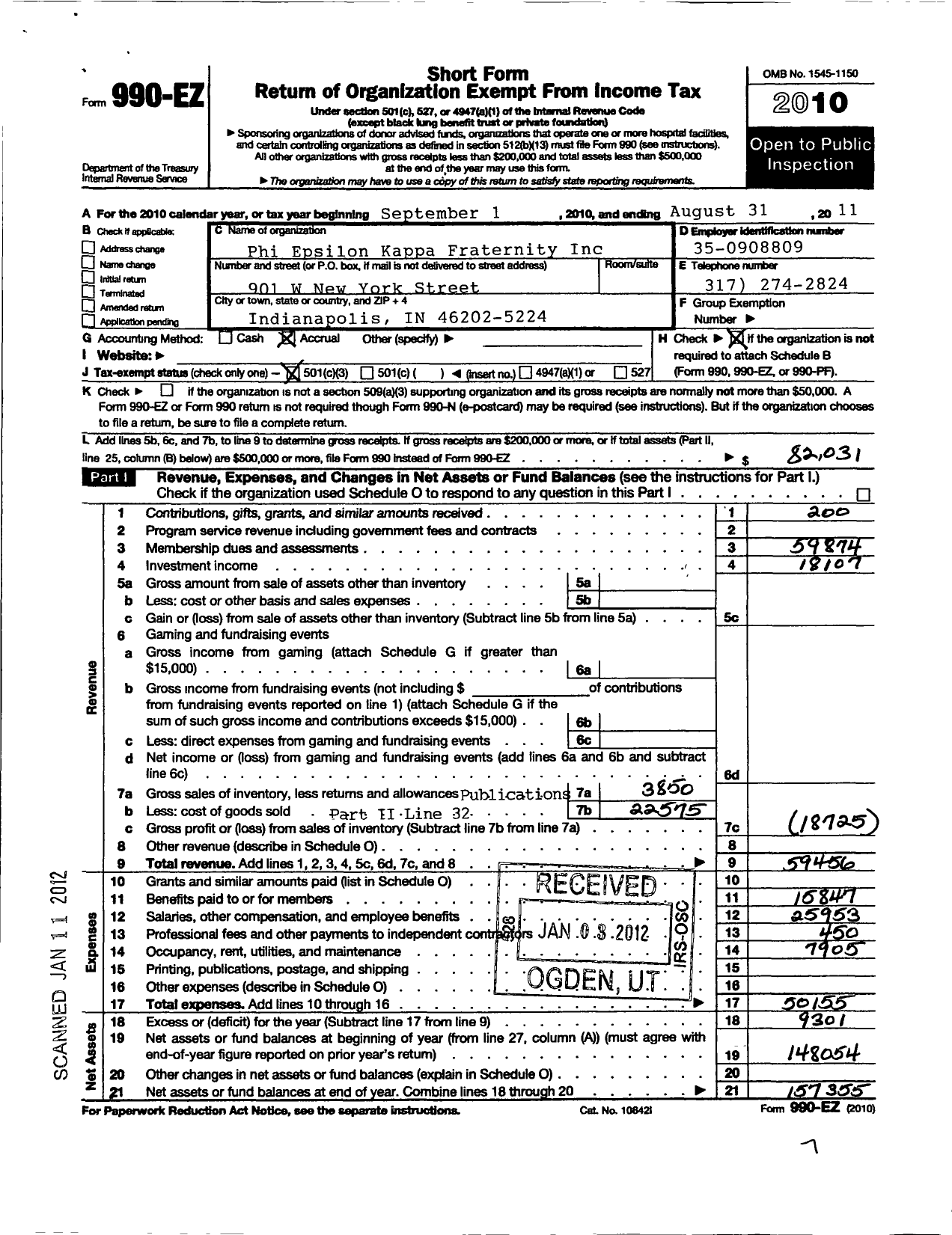 Image of first page of 2010 Form 990EZ for Phi Epsilon Kappa Fraternity