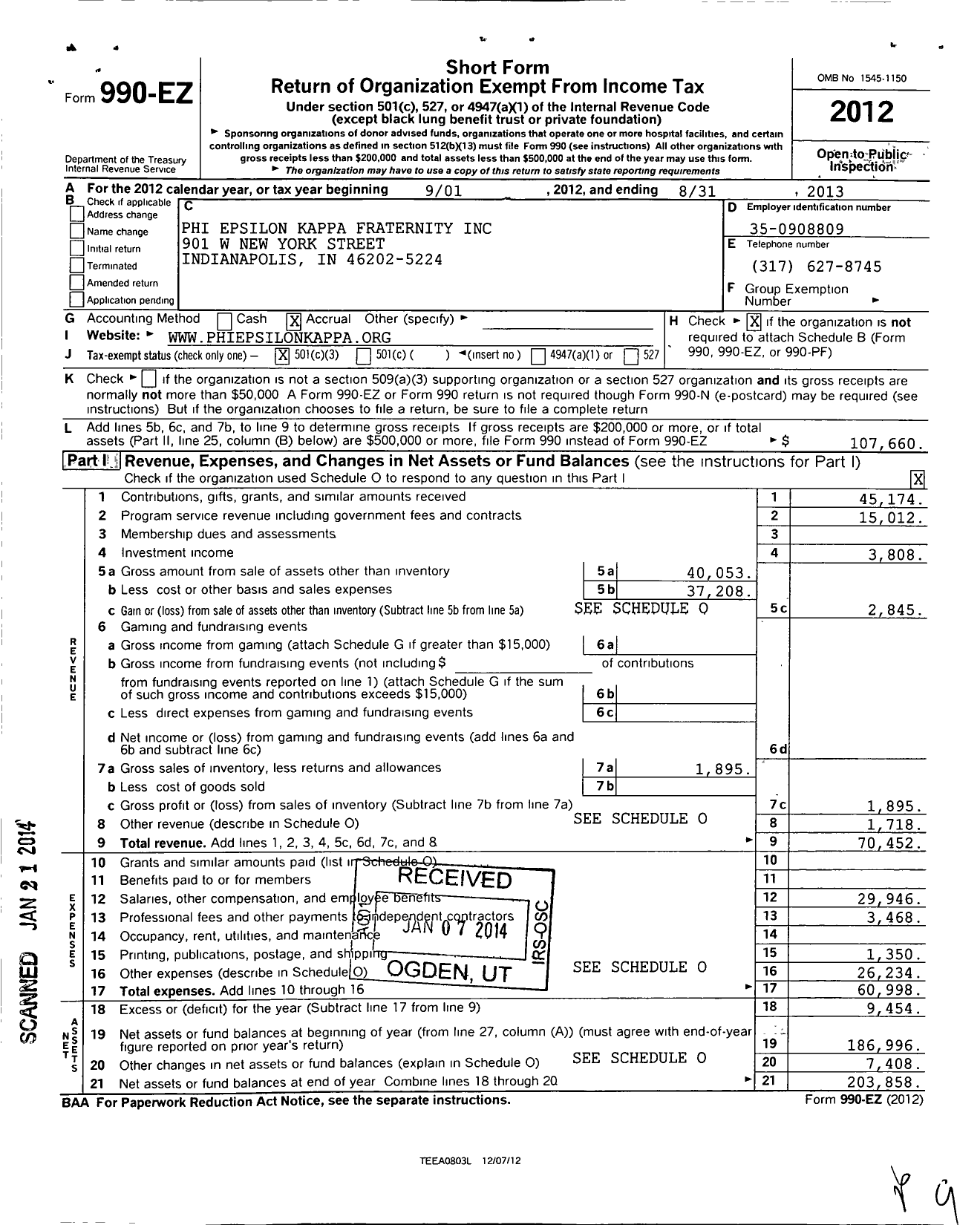 Image of first page of 2012 Form 990EZ for Phi Epsilon Kappa Fraternity