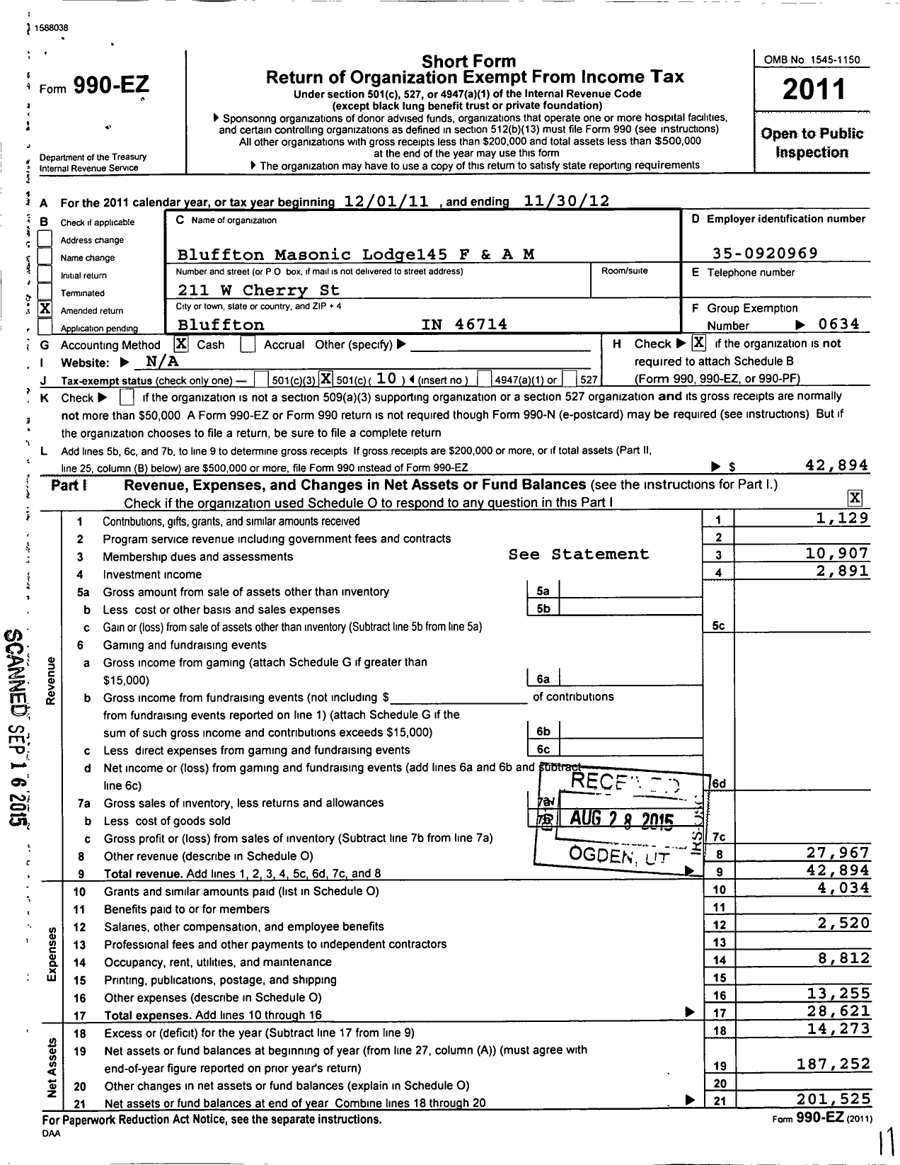 Image of first page of 2011 Form 990EO for Free & Accepted Masons of Indiana - 145 Bluffton Lodge