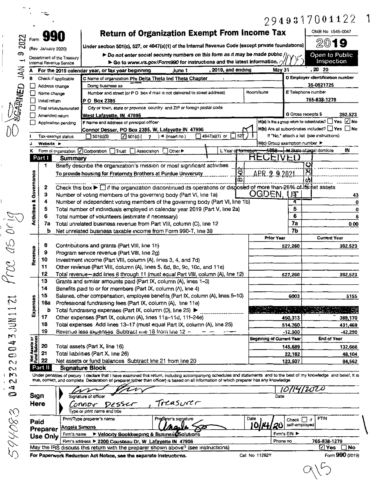 Image of first page of 2019 Form 990O for Phi Delta Theta Fraternity - Indiana Theta