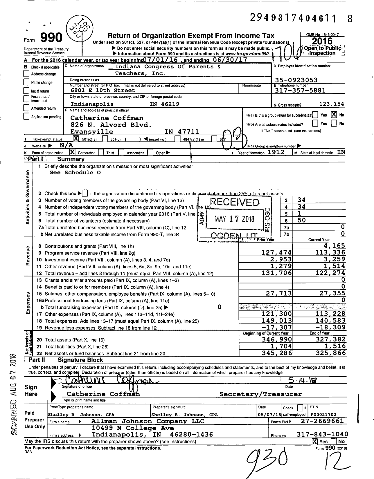Image of first page of 2016 Form 990 for Indiana Congress of Parents