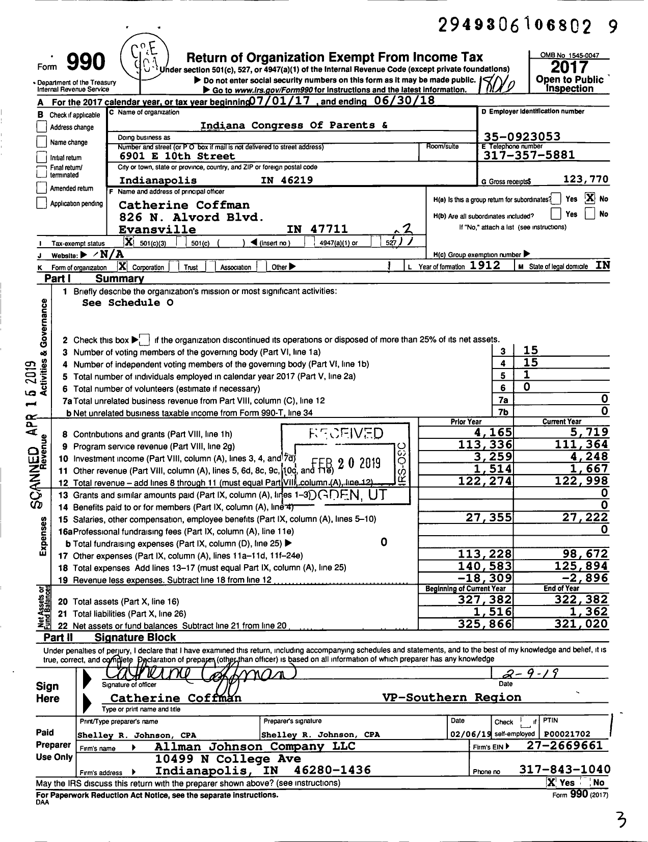 Image of first page of 2017 Form 990 for Indiana Congress of Parents