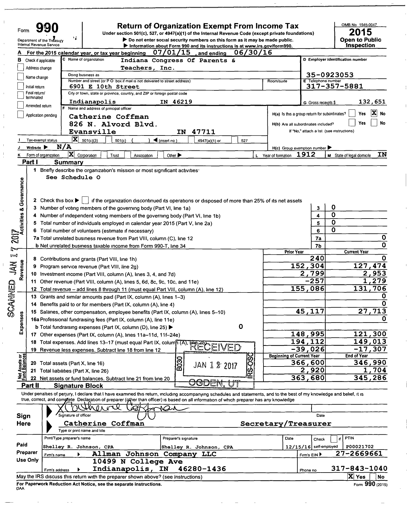 Image of first page of 2015 Form 990 for Indiana Congress of Parents