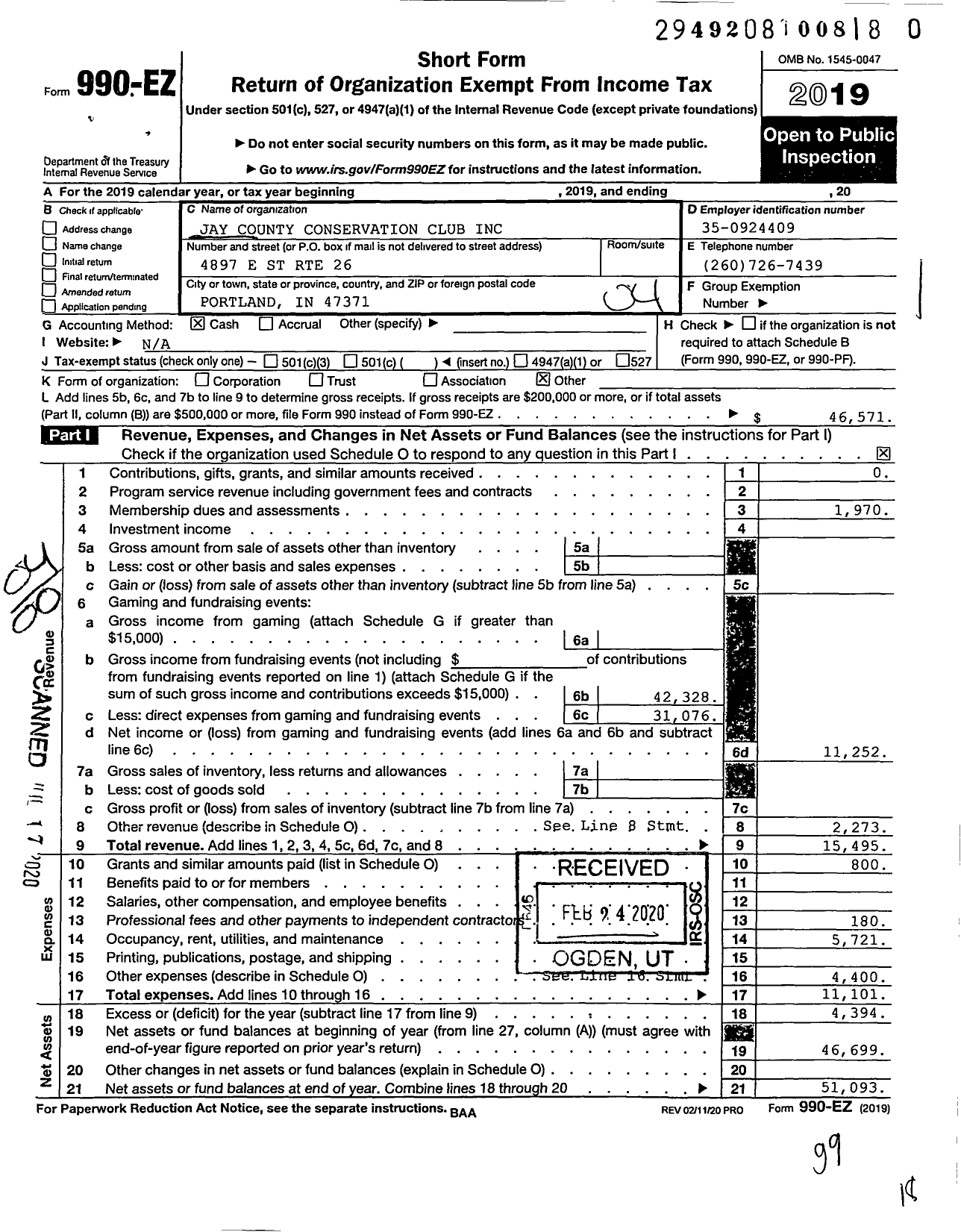 Image of first page of 2019 Form 990EO for Jay County Conservation Club