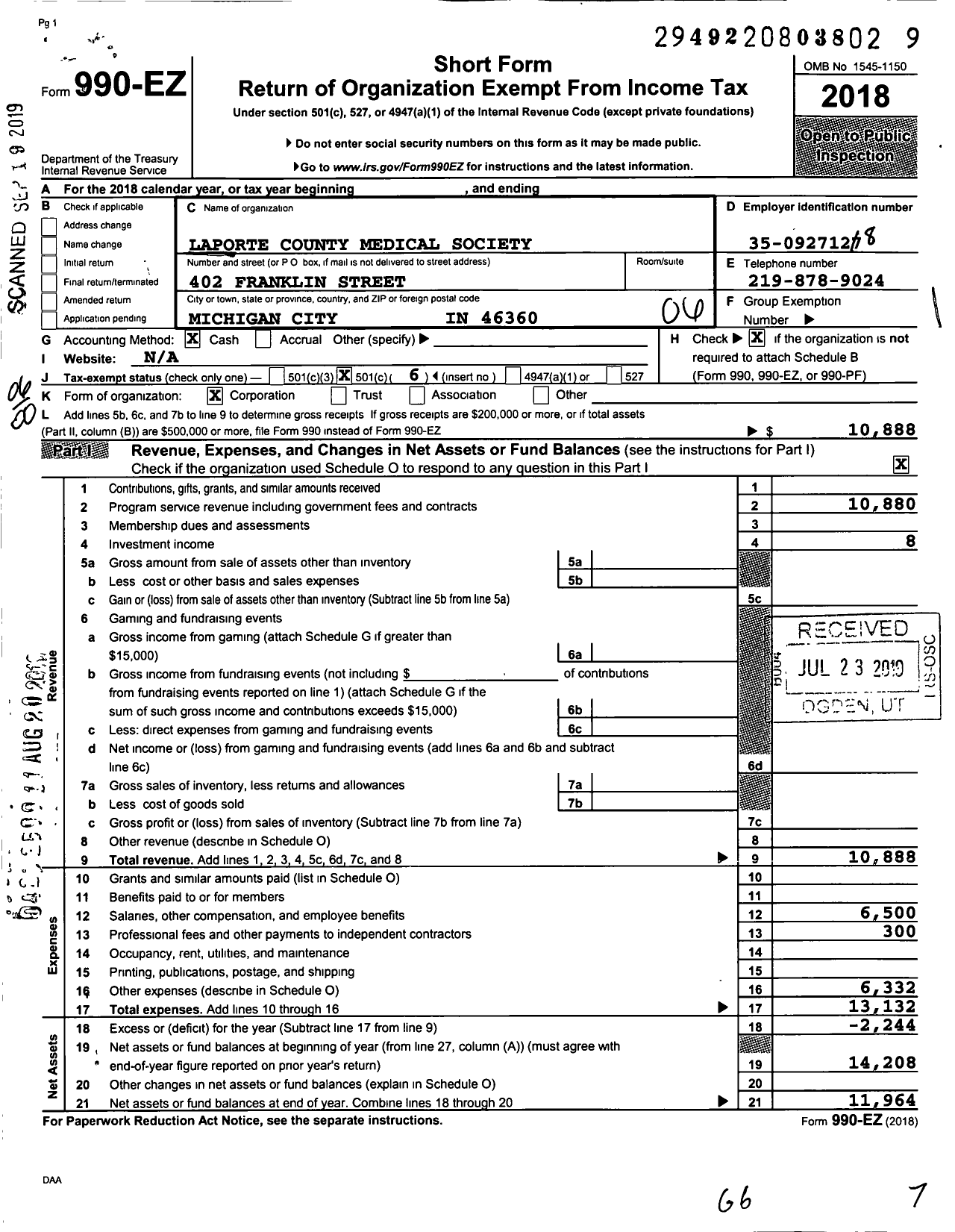 Image of first page of 2018 Form 990EO for Laporte County Medical Society