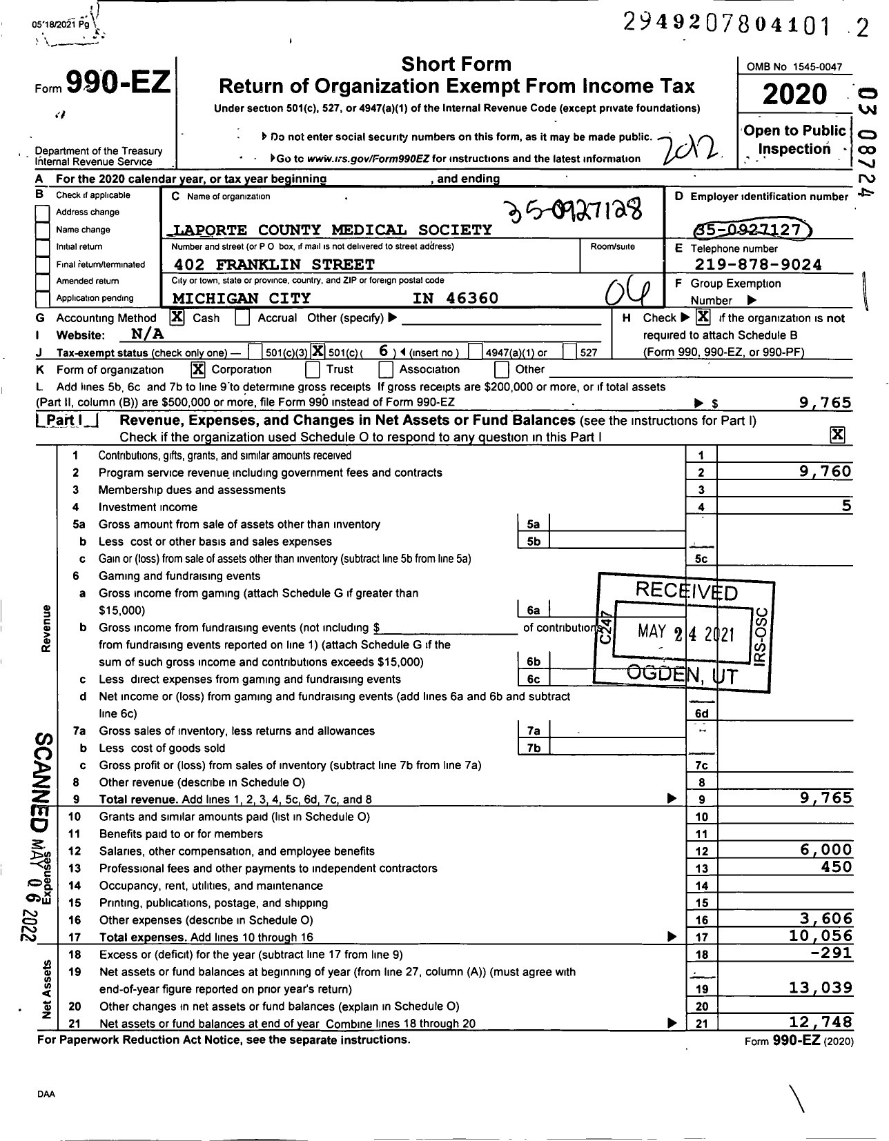 Image of first page of 2020 Form 990EO for Laporte County Medical Society